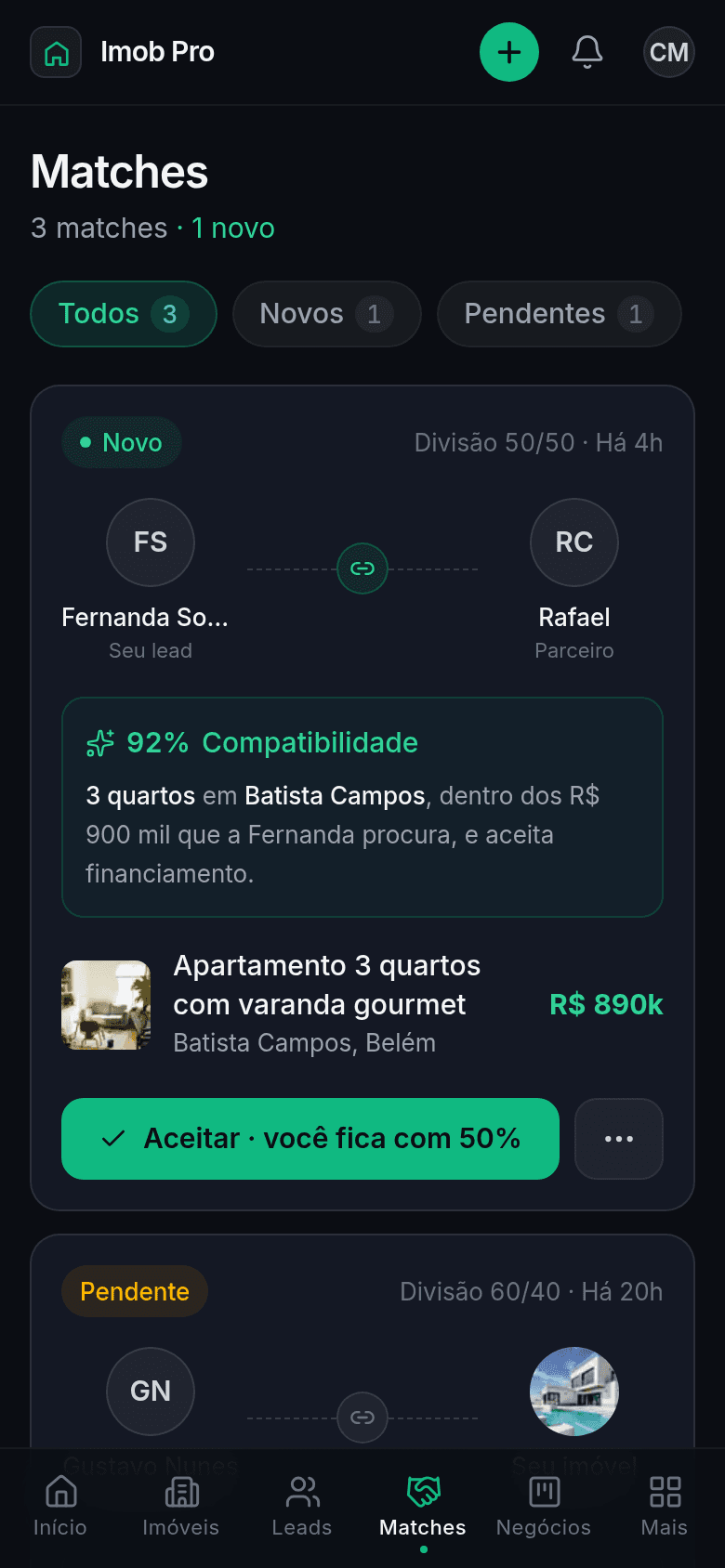 Tela de Matches do Imob Pro mostrando um match entre corretores
